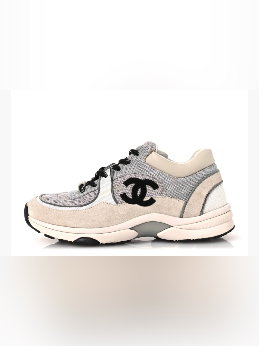 CHANEL Beige, White & Black Suede Mesh CC Logo Sneakers size 37